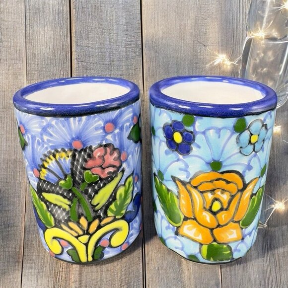 Hand Made Talavera Pottery Cups Tumblers Set 2 Signed Zepeda Puebla Mexico Cups - Picture 2 of 12